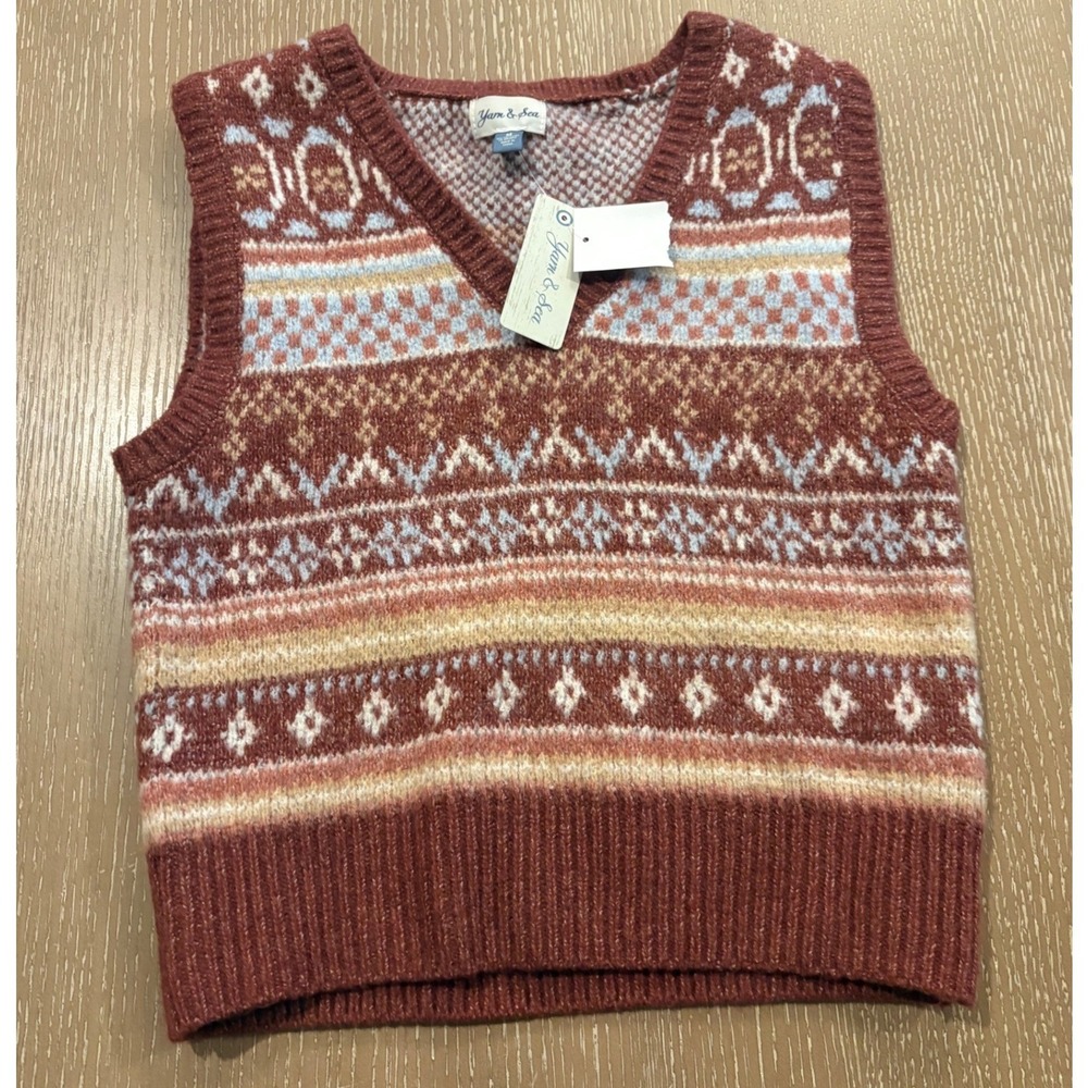 NWT Yarn & Sea Fair Isle Sweater Vest Women's Medium Rust Multicolor Knit